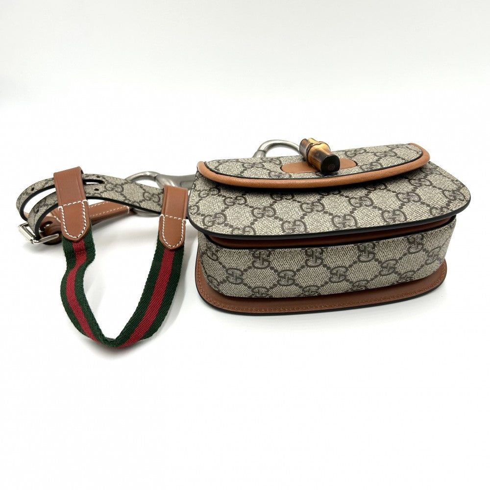 GUCCI グッチ ウエストバッグ バンブー ボディバッグ ウエストポーチ 鞄 かばん 681137 GGスプリームキャンバス レザー ベージュ ブラウン 茶 シルバー金具 メンズ【中古品】
