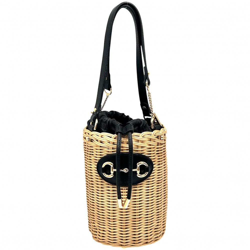 【開店SALE】 GUCCI グッチ ハンドバッグ ホースビット1955 バケットバッグ かごバッグ かばん 鞄 649852 レザー ウィッカー ベージュ ブラック 黒 ゴールド金具 レディース【中古品】