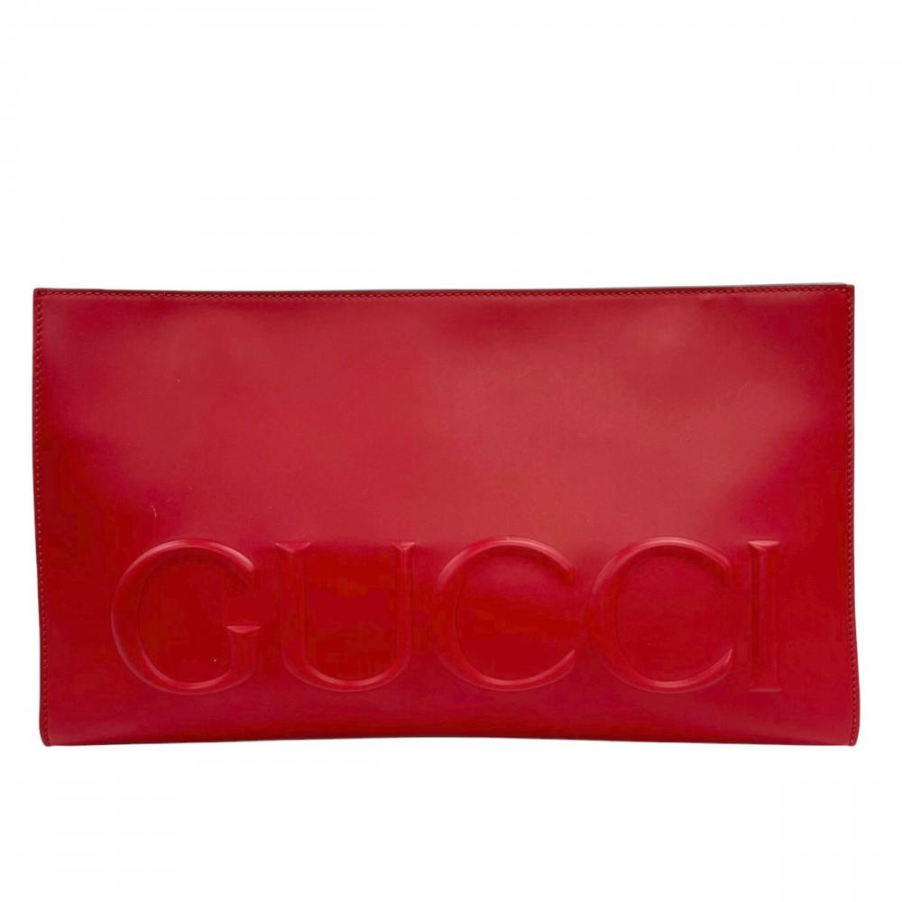 GUCCI グッチ クラッチバッグ エンボスロゴ グッチXL 409382 レザー レッド 赤 ユニセックス【中古品】