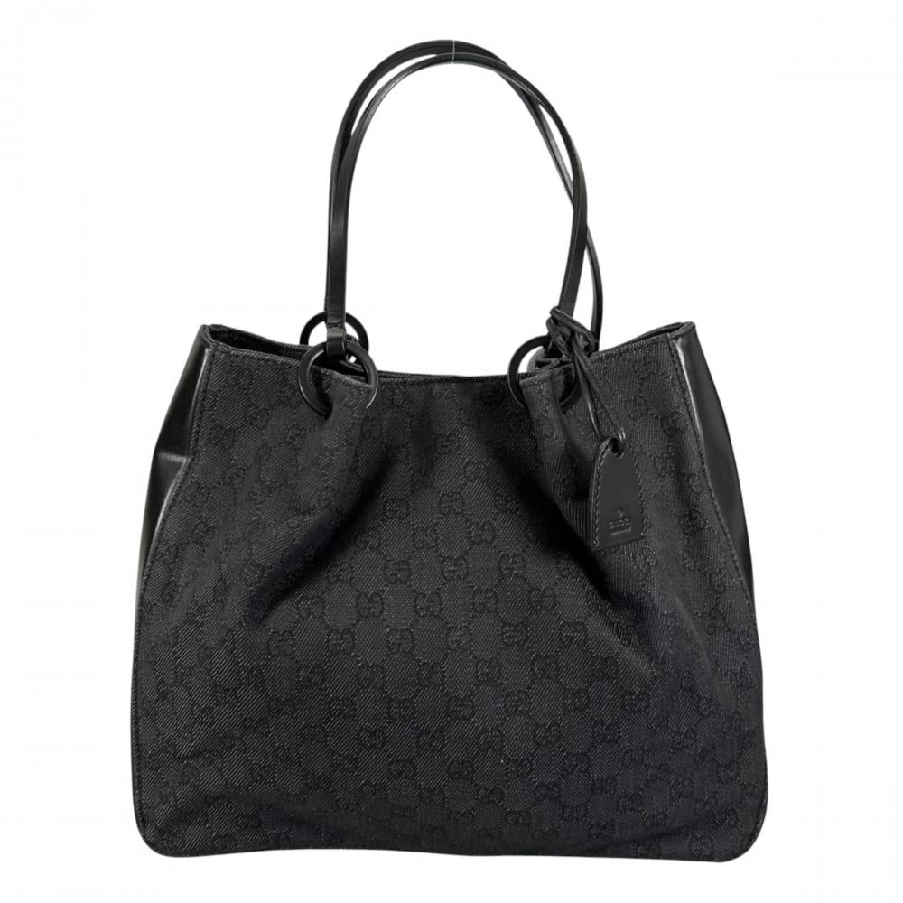 GUCCI グッチ トートバッグ GG柄 大容量 ポーチ付き 101920 GGキャンバス レザー ブラック 黒 シルバー/ブラック金具 レディース【中古品】