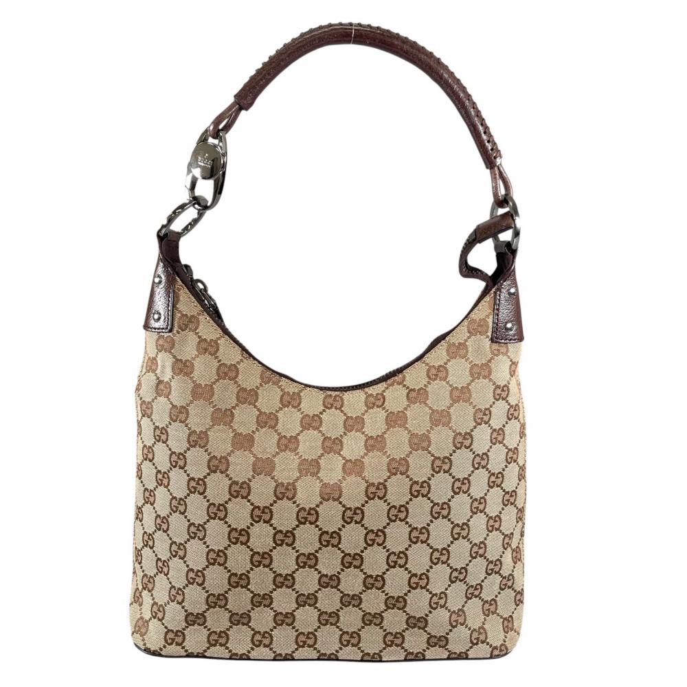GUCCI グッチ ショルダーバッグ トートバッグ 115003 GGキャンバス レザー ブラウン 茶 シルバー金具 レディース【中古品】