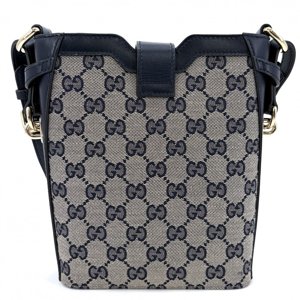 GUCCI グッチ ショルダーバッグ ミニバケット 782919 GGキャンバス レザー ネイビー 紺 ゴールド金具 レディース【中古品】
