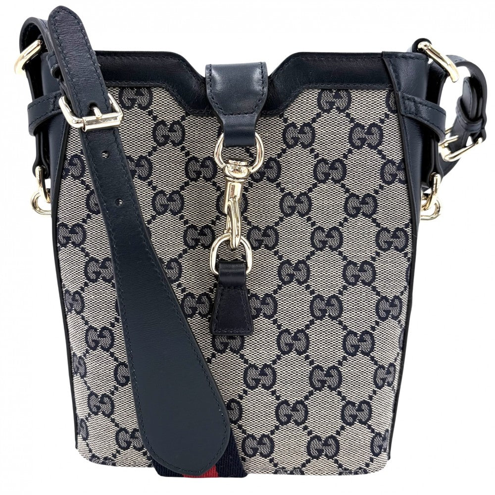 GUCCI グッチ ショルダーバッグ ミニバケット 782919 GGキャンバス レザー ネイビー 紺 ゴールド金具 レディース【中古品】