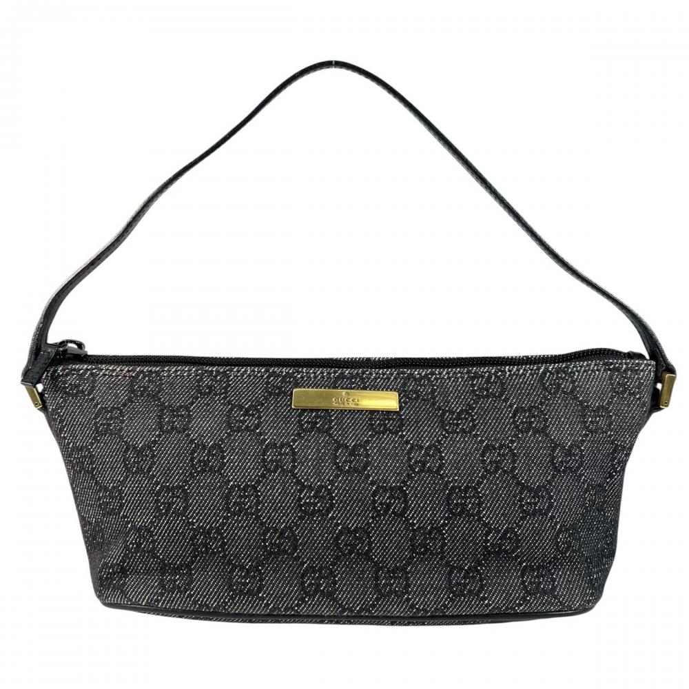 GUCCI グッチ ハンドバッグ ポーチ 07198 GGキャンバス レザー ブラック 黒 グレー ゴールド金具 レディース【中古品】