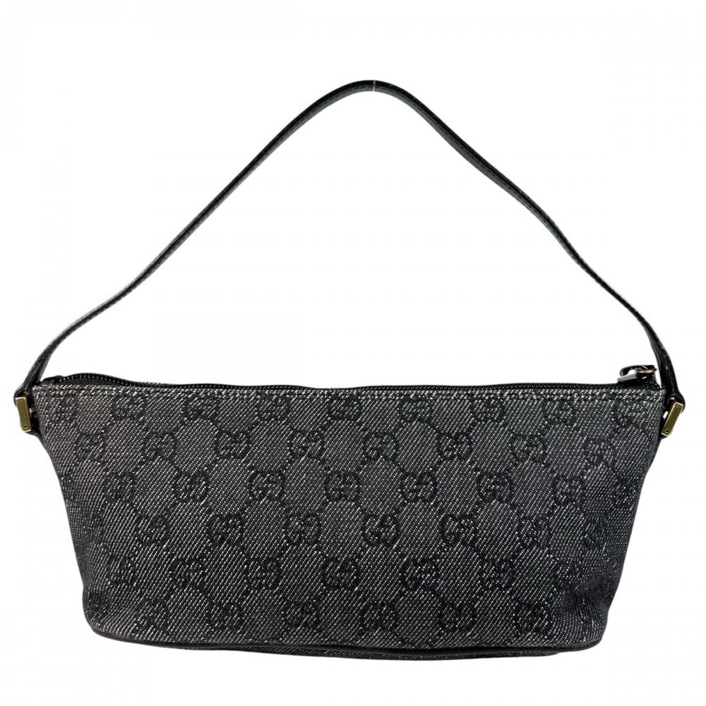 GUCCI グッチ ハンドバッグ ポーチ 07198 GGキャンバス レザー ブラック 黒 グレー ゴールド金具 レディース【中古品】
