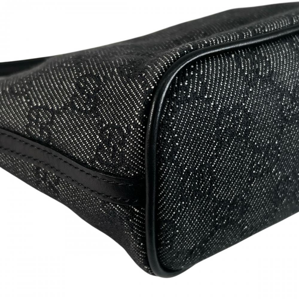GUCCI グッチ ハンドバッグ ポーチ 07198 GGキャンバス レザー ブラック 黒 グレー ゴールド金具 レディース【中古品】