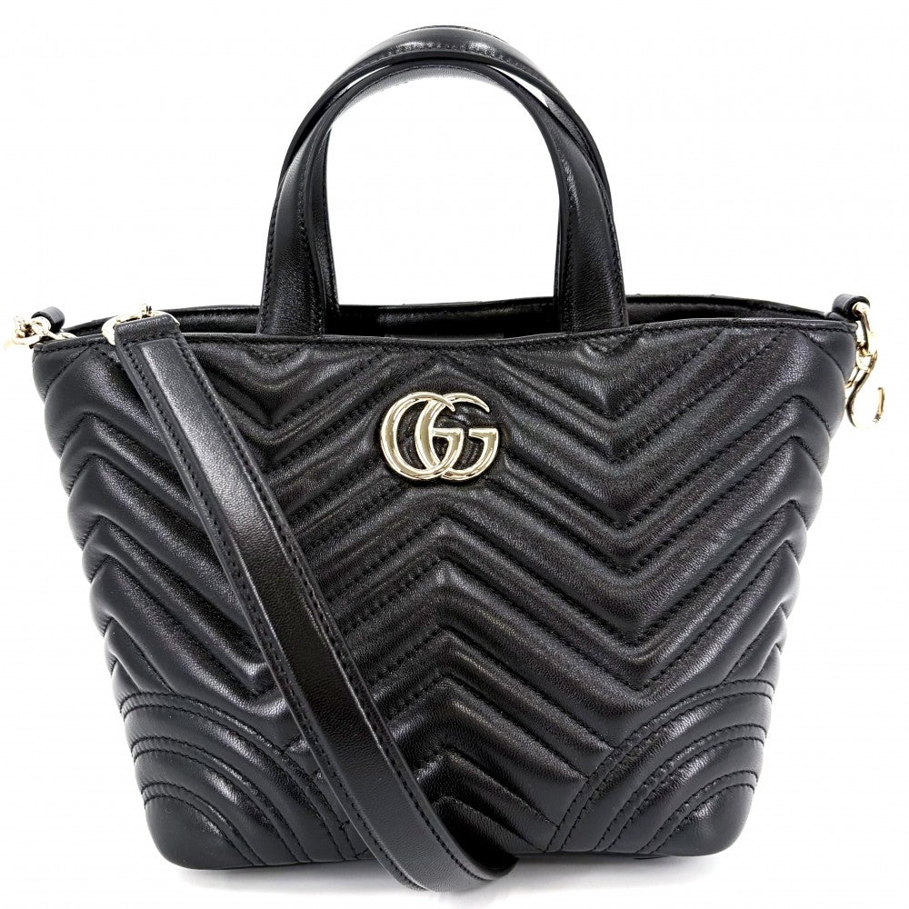 GUCCI グッチ 2WAY GGマーモント キルティング ハンドバッグ ショルダーバッグ 847386 レザー ブラック 黒 ゴールド金具 レディース【中古品】