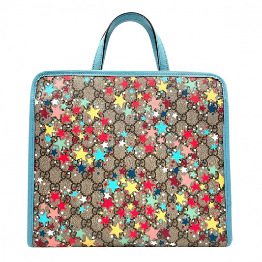 GUCCI グッチ ハンドバッグ トートバッグ チルドレンズ スター 鞄 かばん プリント 605614 GGキャンバス レザー ブルー 青 ブラウン 茶 シルバー金具 レディース【中古品】