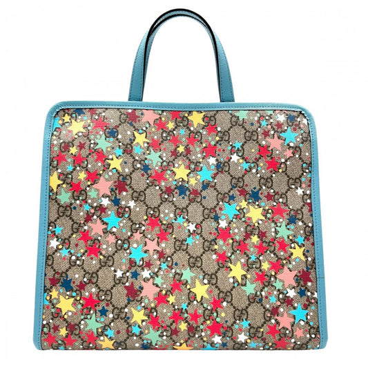 GUCCI グッチ ハンドバッグ トートバッグ チルドレンズ スター 鞄 かばん プリント 605614 GGキャンバス レザー ブルー 青 ブラウン 茶 シルバー金具 レディース【中古品】