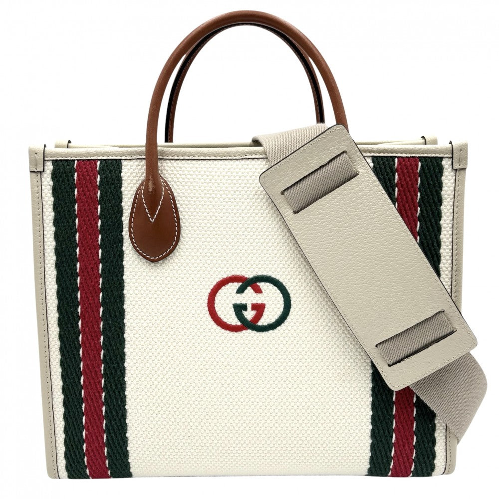 【開店SALE】 GUCCI グッチ 2WAY インターロッキングG トートバッグ ショルダーバッグ ハンドバッグ 鞄 かばん 701737 キャンバス レザー アイボリー シルバー金具 レディース【中古品】