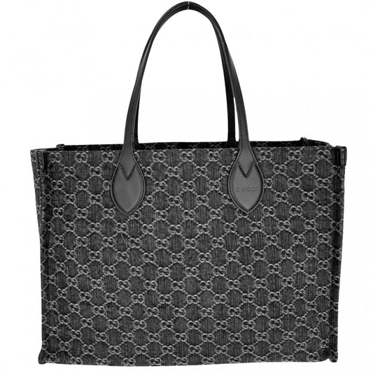 【開店SALE】 GUCCI グッチ トートバッグ オフィディア ラージトート ハンドバッグ GG 772184 デニム レザー ブラック 黒 シルバー金具 レディース【中古品】