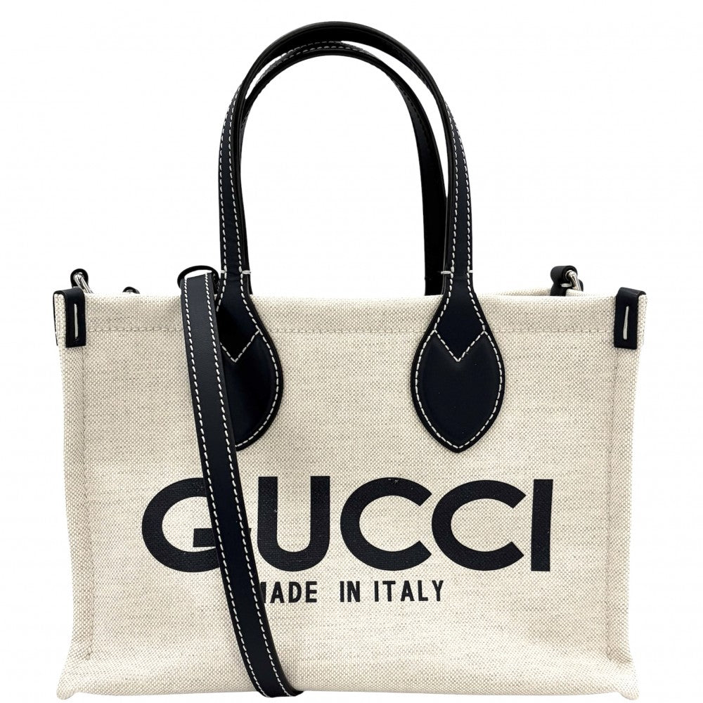 GUCCI グッチ 2WAY ミディアムトートバッグ ハンドバッグ ショルダーバッグ グッチリド 772144 コットンリネンキャンバス レザー ベージュ ネイビー 紺 シルバー金具 レディース【中古品】