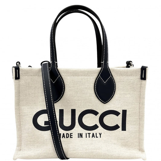 GUCCI グッチ 2WAY ミディアムトートバッグ ハンドバッグ ショルダーバッグ グッチリド 772144 コットンリネンキャンバス レザー ベージュ ネイビー 紺 シルバー金具 レディース【中古品】