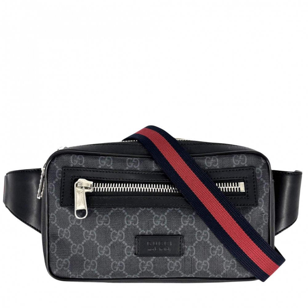 GUCCI グッチ ウエストバッグ ベルトバッグ ボディバッグ ウェブストライプ 小さめ 474293 GGスプリームキャンバス レザー ブラック 黒 シルバー金具 メンズ【中古品】