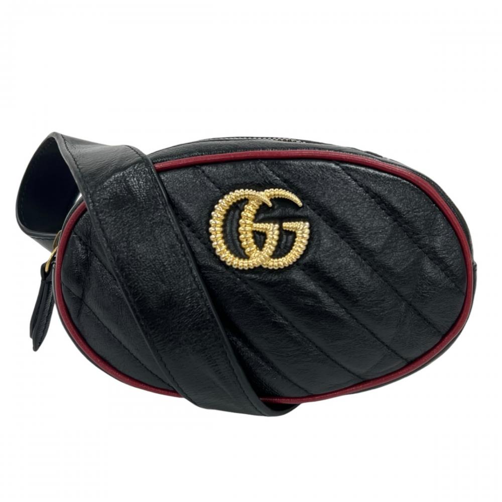 GUCCI グッチ ボディバッグ GGマーモント キルティング ウエストバッグ 476434 レザー ブラック 黒 レッド 赤 ゴールド金具 レディース【中古品】