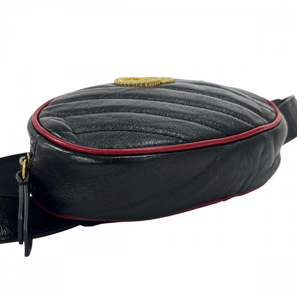 GUCCI グッチ ボディバッグ GGマーモント キルティング ウエストバッグ 476434 レザー ブラック 黒 レッド 赤 ゴールド金具 レディース【中古品】