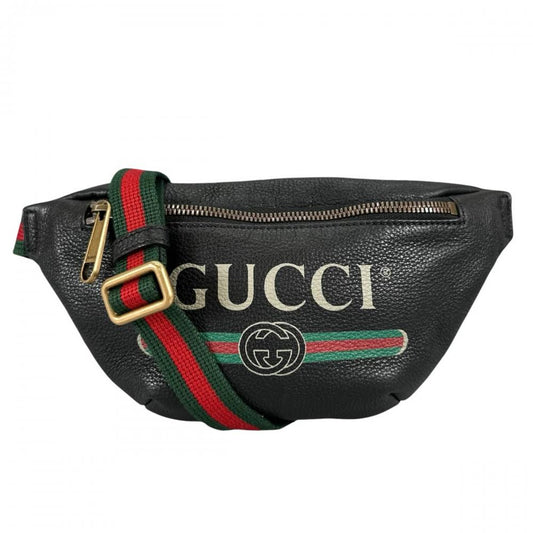 GUCCI グッチ ボディバッグ シェリーライン ロゴプリント ウエストポーチ 527792 レザー ブラック 黒 アンティークゴールド金具 メンズ【中古品】