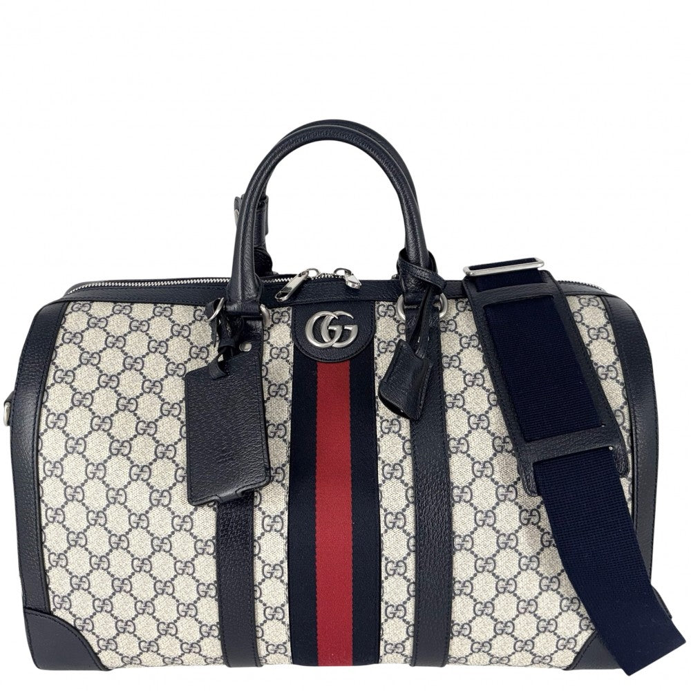 【開店SALE】 GUCCI グッチ ボストンバッグ オフィディア ミディアムダッフルバッグ ハンドバッグ ショルダーバッグ トラベルバッグ メンズ レディース 724642 GGスプリームキャンバス レザー ネイビー 紺 ベージュ シルバー金具 ユニセックス【中古品】