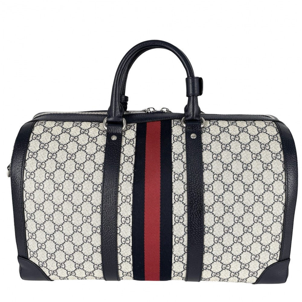 GUCCI グッチ ボストンバッグ オフィディア ミディアムダッフルバッグ ショルダーバッグ トラベルバッグ 724642 GGスプリームキャンバス レザー ネイビー 紺 ベージュ シルバー金具 ユニセックス【中古品】