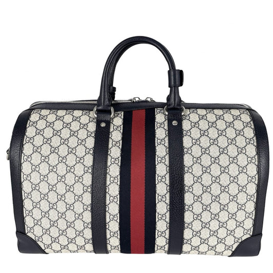 GUCCI グッチ ボストンバッグ オフィディア ミディアムダッフルバッグ ショルダーバッグ トラベルバッグ 724642 GGスプリームキャンバス レザー ネイビー 紺 ベージュ シルバー金具 ユニセックス【中古品】