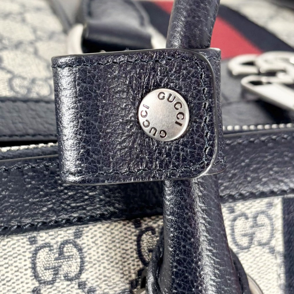 【開店SALE】 GUCCI グッチ ボストンバッグ オフィディア ミディアムダッフルバッグ ハンドバッグ ショルダーバッグ トラベルバッグ メンズ レディース 724642 GGスプリームキャンバス レザー ネイビー 紺 ベージュ シルバー金具 ユニセックス【中古品】