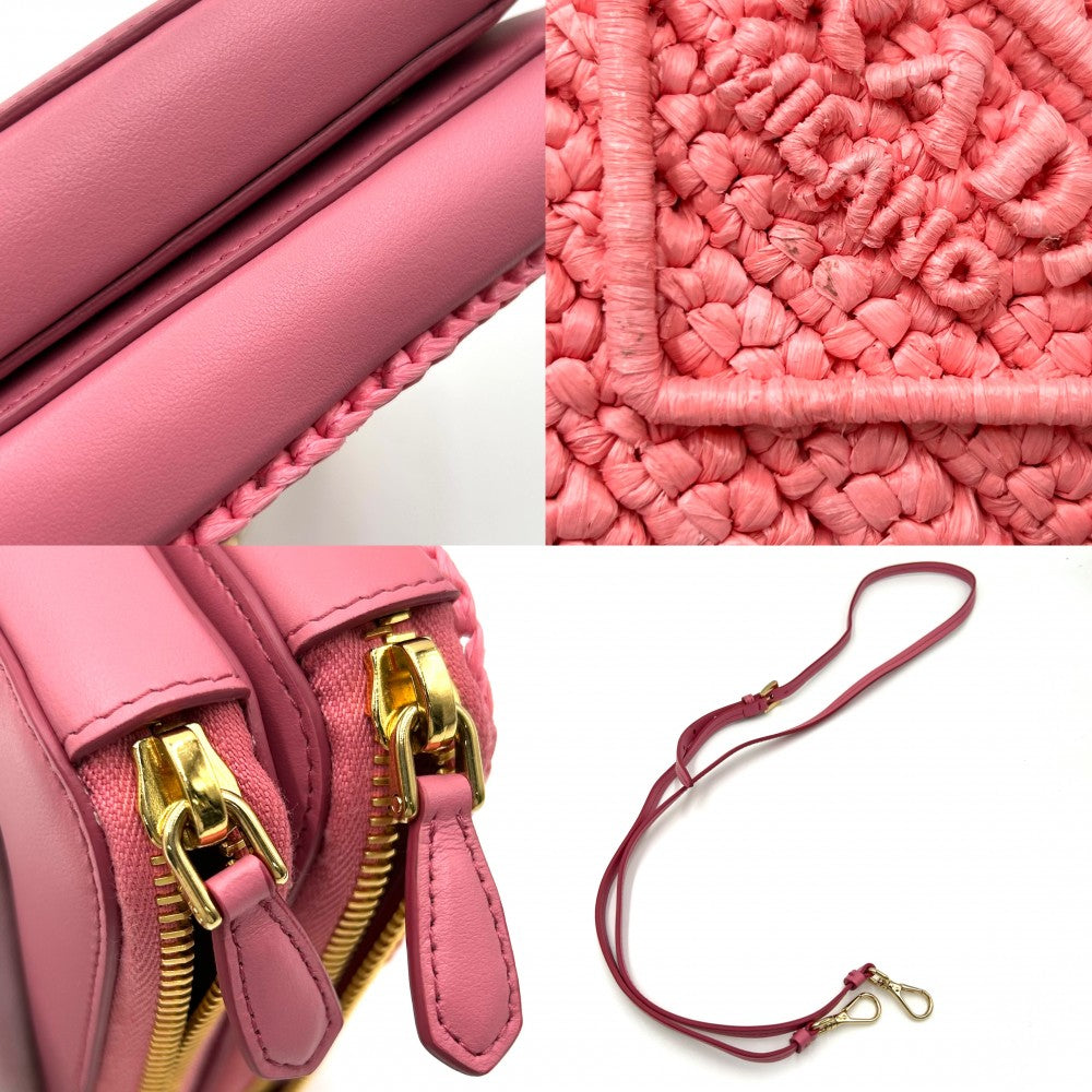 PRADA プラダ ポーチ クロシェロゴ 2WAY トライアングル ミニショルダーバッグ ミニハンドバッグ かばん 鞄 1NR015 ラフィア レザー ピンク ゴールド金具 レディース【中古品】