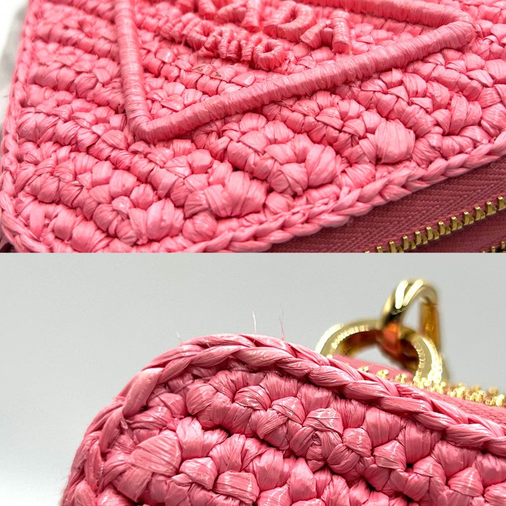 PRADA プラダ ポーチ クロシェロゴ 2WAY トライアングル ミニショルダーバッグ ミニハンドバッグ かばん 鞄 1NR015 ラフィア レザー ピンク ゴールド金具 レディース【中古品】