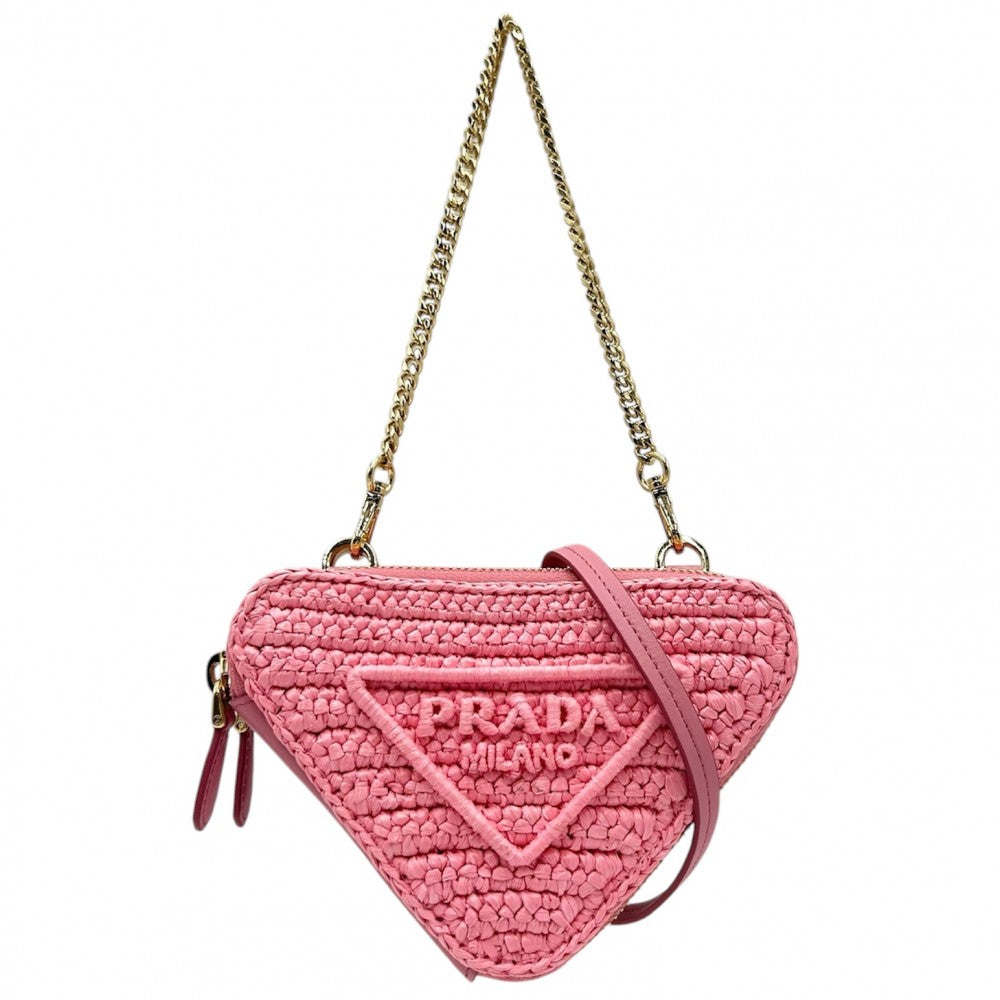 PRADA プラダ ポーチ クロシェロゴ 2WAY トライアングル ミニショルダーバッグ ミニハンドバッグ かばん 鞄 1NR015 ラフィア レザー ピンク ゴールド金具 レディース【中古品】
