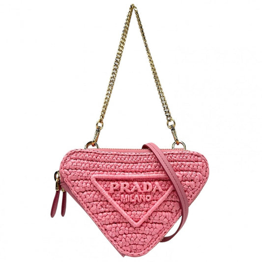 PRADA プラダ ポーチ クロシェロゴ 2WAY トライアングル ミニショルダーバッグ ミニハンドバッグ かばん 鞄 1NR015 ラフィア レザー ピンク ゴールド金具 レディース【中古品】