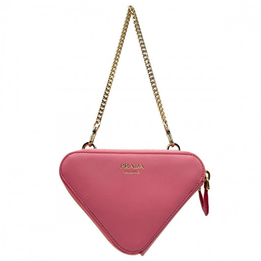 PRADA プラダ ポーチ クロシェロゴ 2WAY トライアングル ミニショルダーバッグ ミニハンドバッグ かばん 鞄 1NR015 ラフィア レザー ピンク ゴールド金具 レディース【中古品】