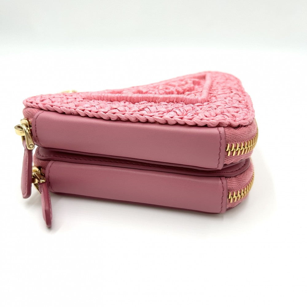 PRADA プラダ ポーチ クロシェロゴ 2WAY トライアングル ミニショルダーバッグ ミニハンドバッグ かばん 鞄 1NR015 ラフィア レザー ピンク ゴールド金具 レディース【中古品】