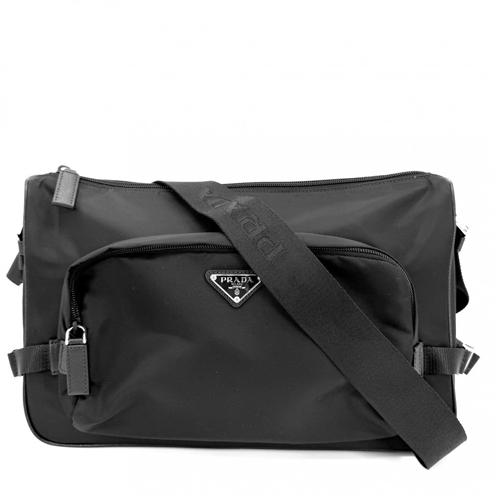 【開店SALE】 PRADA プラダ ショルダーバッグ ラージ Re-Nylon x サフィアーノレザー トライアングルロゴ メンズ レディース 2VH191 ナイロン ブラック 黒 シルバー金具 ユニセックス【中古品】