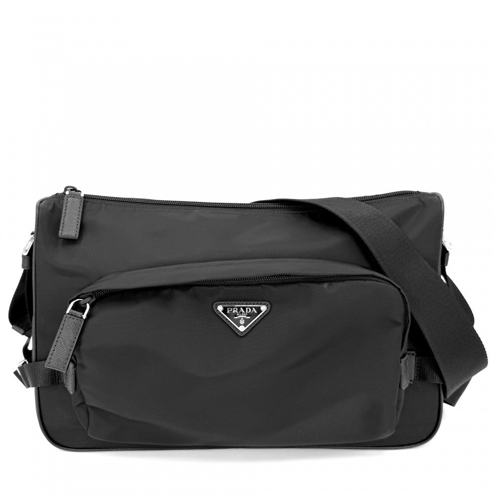 PRADA プラダ ショルダーバッグ トライアングルロゴ ラージ Re-Nylon x サフィアーノレザー メンズ レディース 2VH191 ナイロン ブラック 黒 シルバー金具 ユニセックス【中古品】