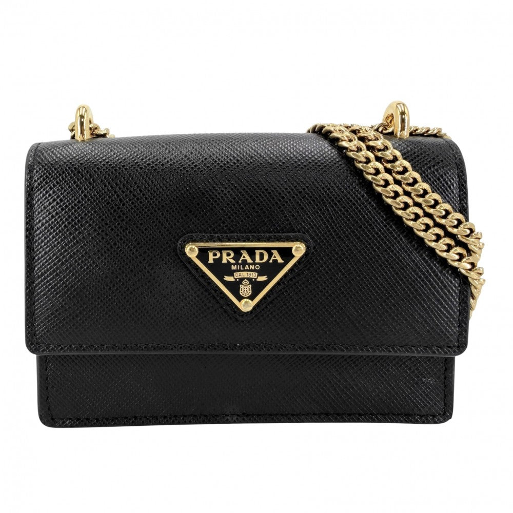【開店SALE】 PRADA プラダ ショルダーバッグ サフィアーノ チェーンショルダー ミニバッグ カードケース 三角ロゴ 1BC167 レザー ブラック 黒 ゴールド金具 レディース【中古品】