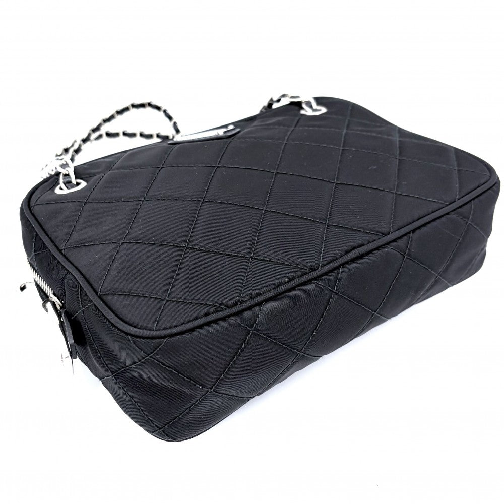 【開店SALE】 PRADA プラダ 2WAY トライアングルロゴ キルティング チェーンハンドバッグ ショルダーバッグ 小さめ 1BH910 ナイロン ブラック 黒 シルバー金具 レディース【中古品】
