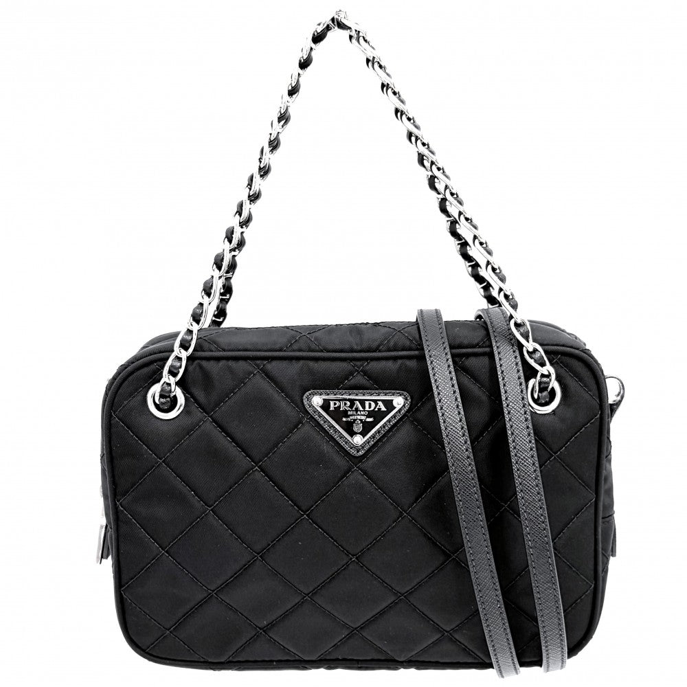 【開店SALE】 PRADA プラダ 2WAY トライアングルロゴ キルティング チェーンハンドバッグ ショルダーバッグ 小さめ 1BH910 ナイロン ブラック 黒 シルバー金具 レディース【中古品】