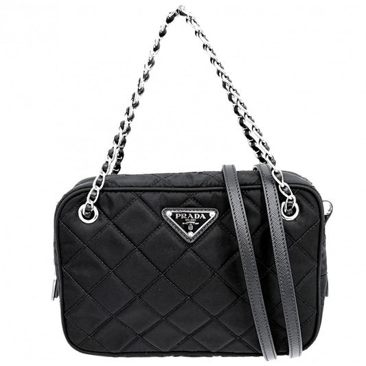 【開店SALE】 PRADA プラダ 2WAY トライアングルロゴ キルティング チェーンハンドバッグ ショルダーバッグ 小さめ 1BH910 ナイロン ブラック 黒 シルバー金具 レディース【中古品】