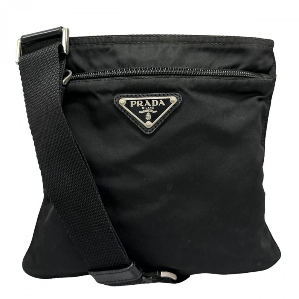 PRADA プラダ ショルダーバッグ テスート 三角ロゴ ナイロン ブラック 黒 シルバー金具 ユニセックス【中古品】