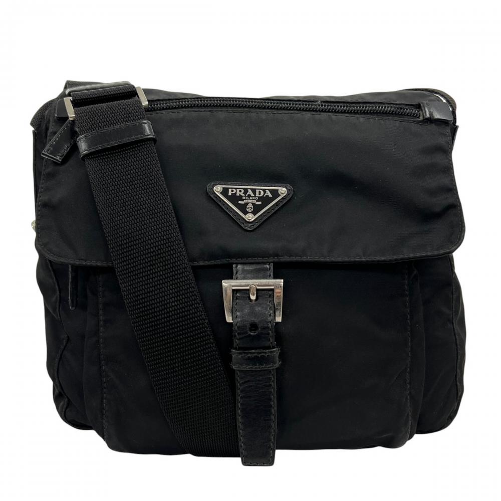PRADA プラダ ショルダーバッグ テスート 三角ロゴプレート BT8994 ナイロン レザー ブラック 黒 シルバー金具 メンズ【中古品】