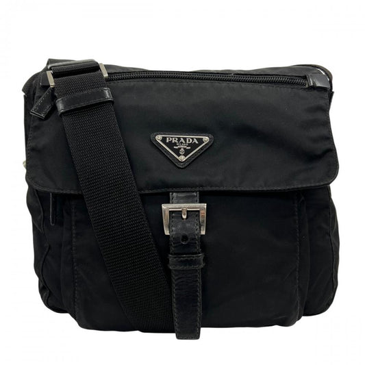 PRADA プラダ ショルダーバッグ テスート 三角ロゴプレート BT8994 ナイロン レザー ブラック 黒 シルバー金具 メンズ【中古品】