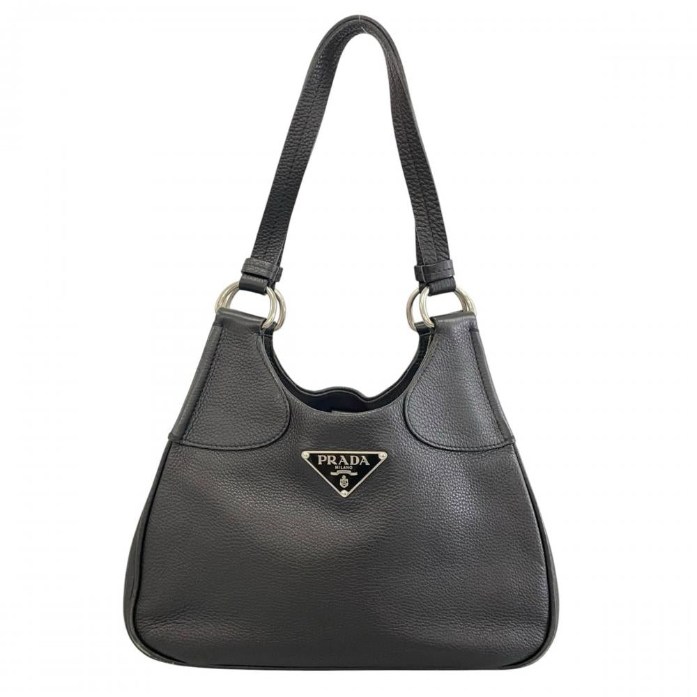 PRADA プラダ ハンドバッグ トライアングルロゴ BR0950 レザー ブラック 黒 シルバー金具 レディース【中古品】