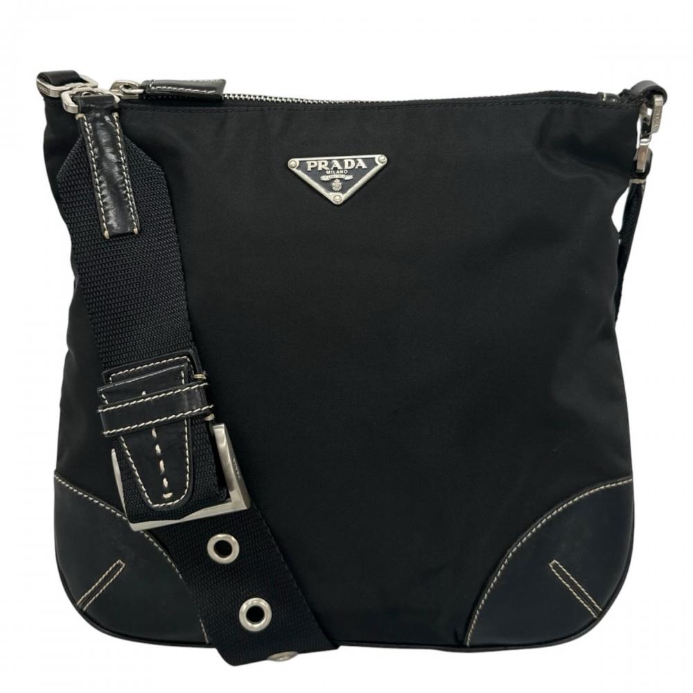 PRADA プラダ ショルダーバッグ トライアングルロゴ スクエア型 ナイロン ブラック 黒 シルバー金具 レディース【中古品】