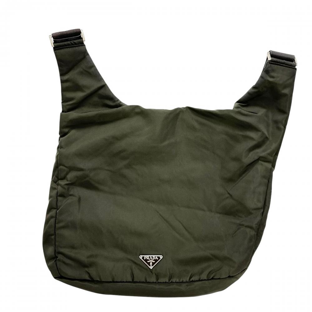 PRADA プラダ ショルダーバッグ テスート 三角ロゴプレート ナイロン カーキ ブラウン 茶 シルバー金具 ボーイズ【中古品】