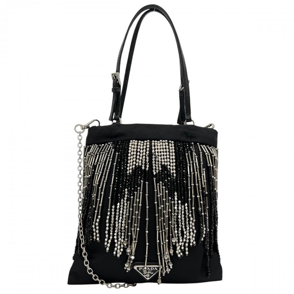PRADA プラダ ショルダーバッグ ビーズフリンジ ナイロン ビーズ ブラック 黒 シルバー金具 レディース【中古品】