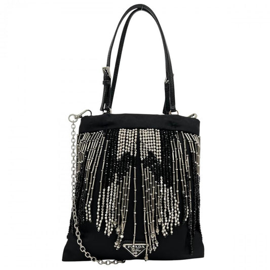 PRADA プラダ ショルダーバッグ ビーズフリンジ ナイロン ビーズ ブラック 黒 シルバー金具 レディース【中古品】