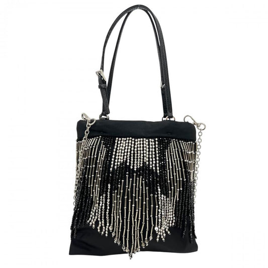 PRADA プラダ ショルダーバッグ ビーズフリンジ ナイロン ビーズ ブラック 黒 シルバー金具 レディース【中古品】