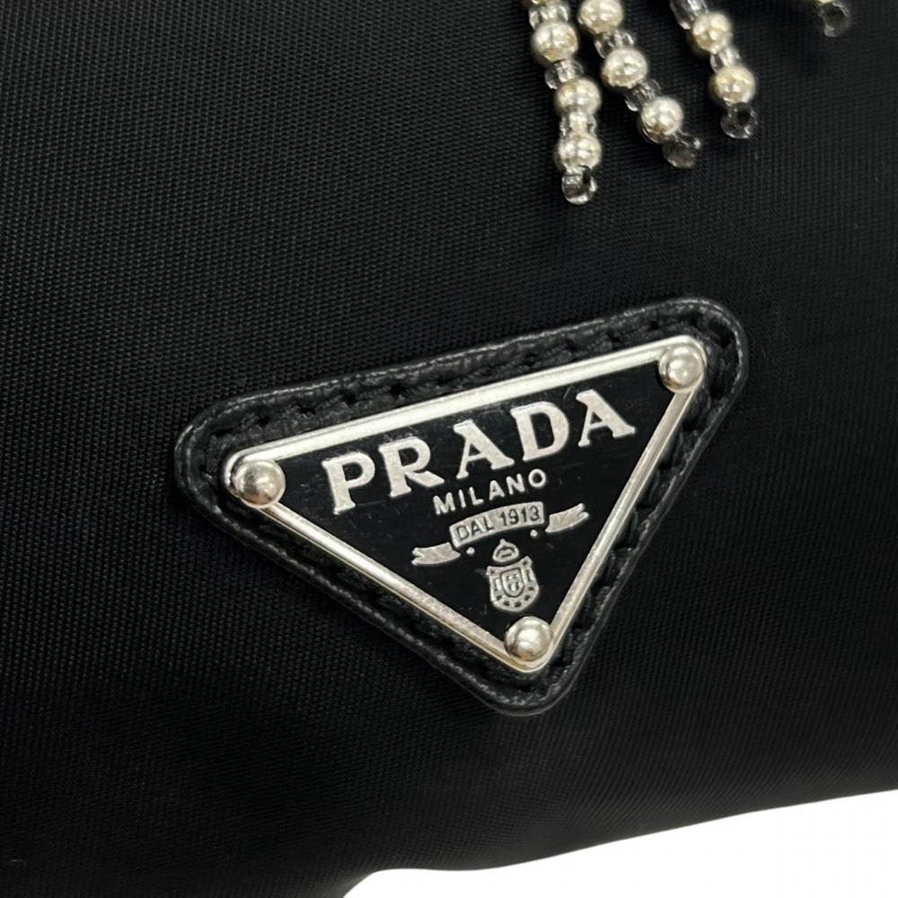 PRADA プラダ ショルダーバッグ ビーズフリンジ ナイロン ビーズ ブラック 黒 シルバー金具 レディース【中古品】