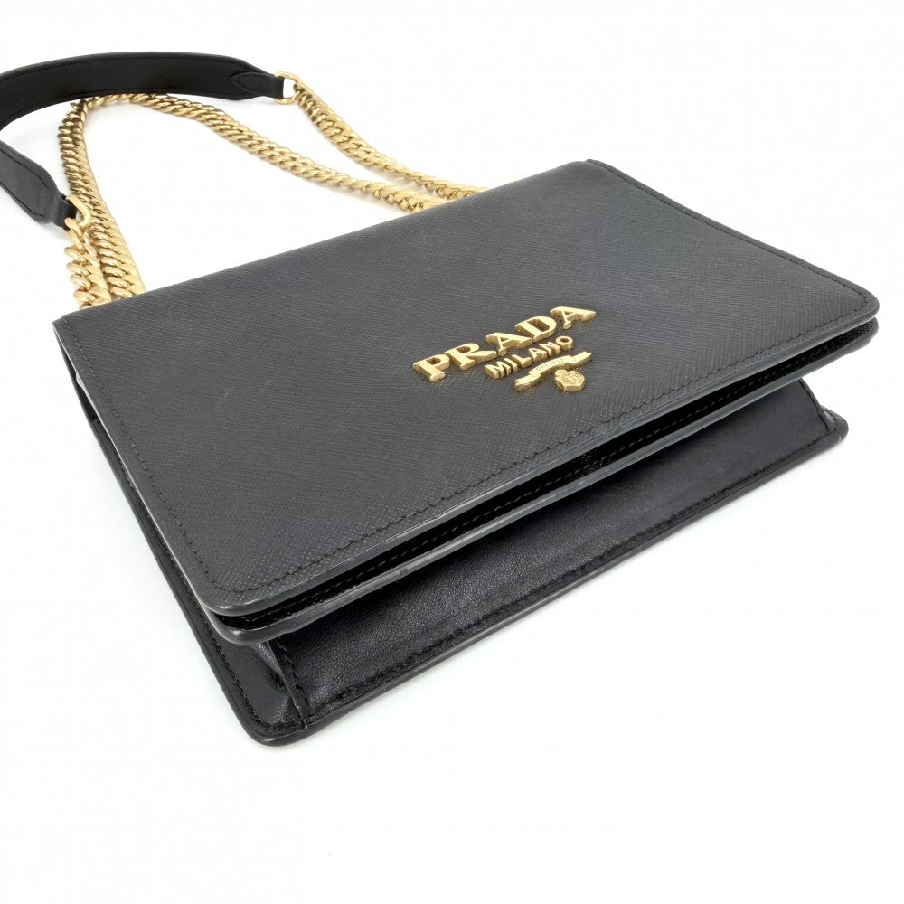 【開店SALE】 PRADA プラダ ショルダーバッグ チェーンショルダー ポシェット 1BD133 レザー ブラック 黒 ゴールド金具 レディース【中古品】