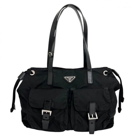 PRADA プラダ トートバッグ ロゴプレート BR3257 ナイロン レザー ブラック 黒 シルバー金具 レディース【中古品】