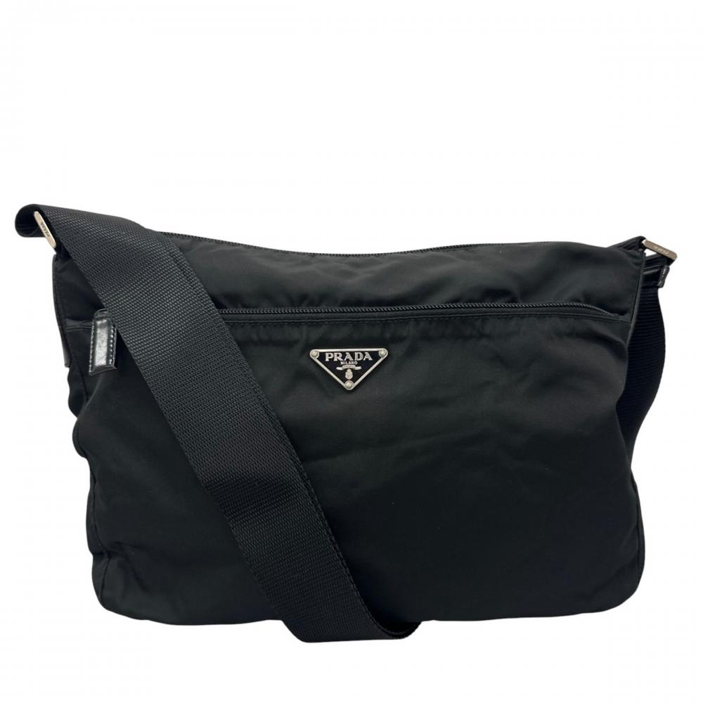 PRADA プラダ ショルダーバッグ テスート トライアングルロゴ ナイロン ブラック 黒 シルバー金具 レディース【中古品】